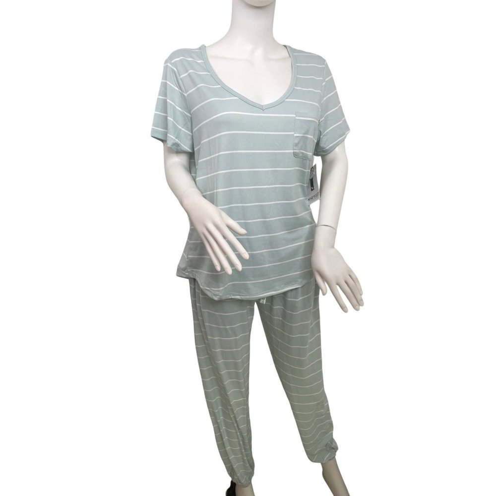 Nine West Women’s 2-Piece Pajama Set M Green White Stripes Elastic Waist Pockets